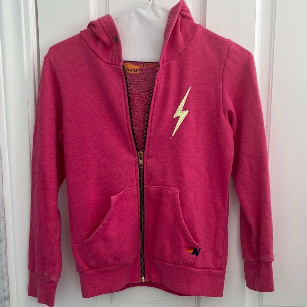 Aviator Nation Kids Hoodie in Vibrant Pink with Lightning Bolt